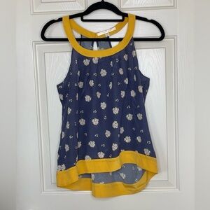 Jenny Han blue and yellow floral 100% silk sleeveless high low blouse | M